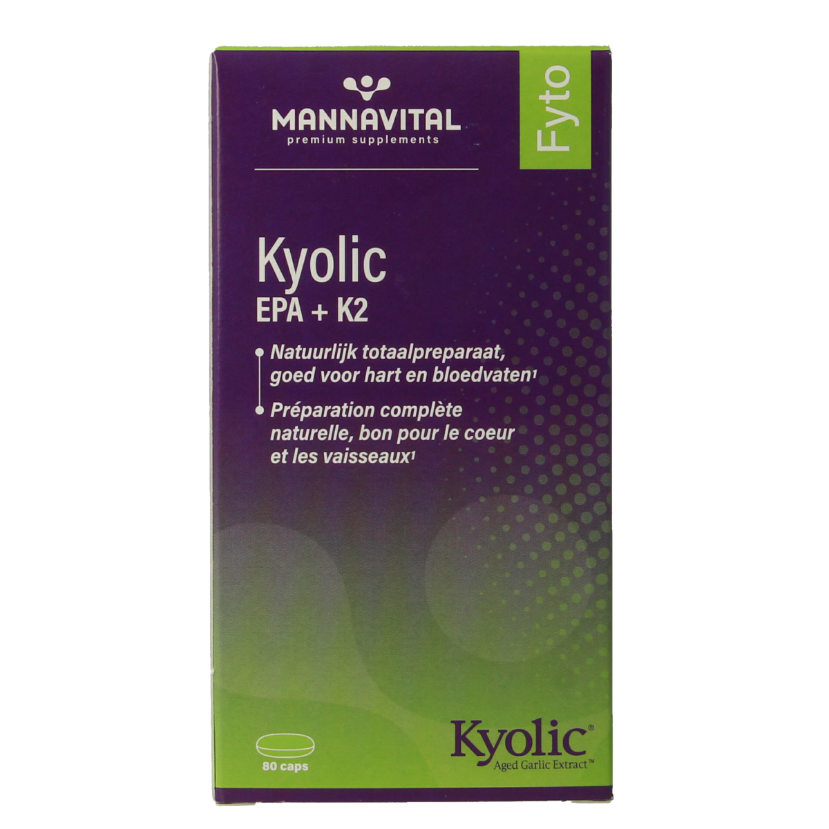 Mannavital Kyolic EPA & K2 Vetzuren capsules in a bottle, showing the supplement label and capsule content.