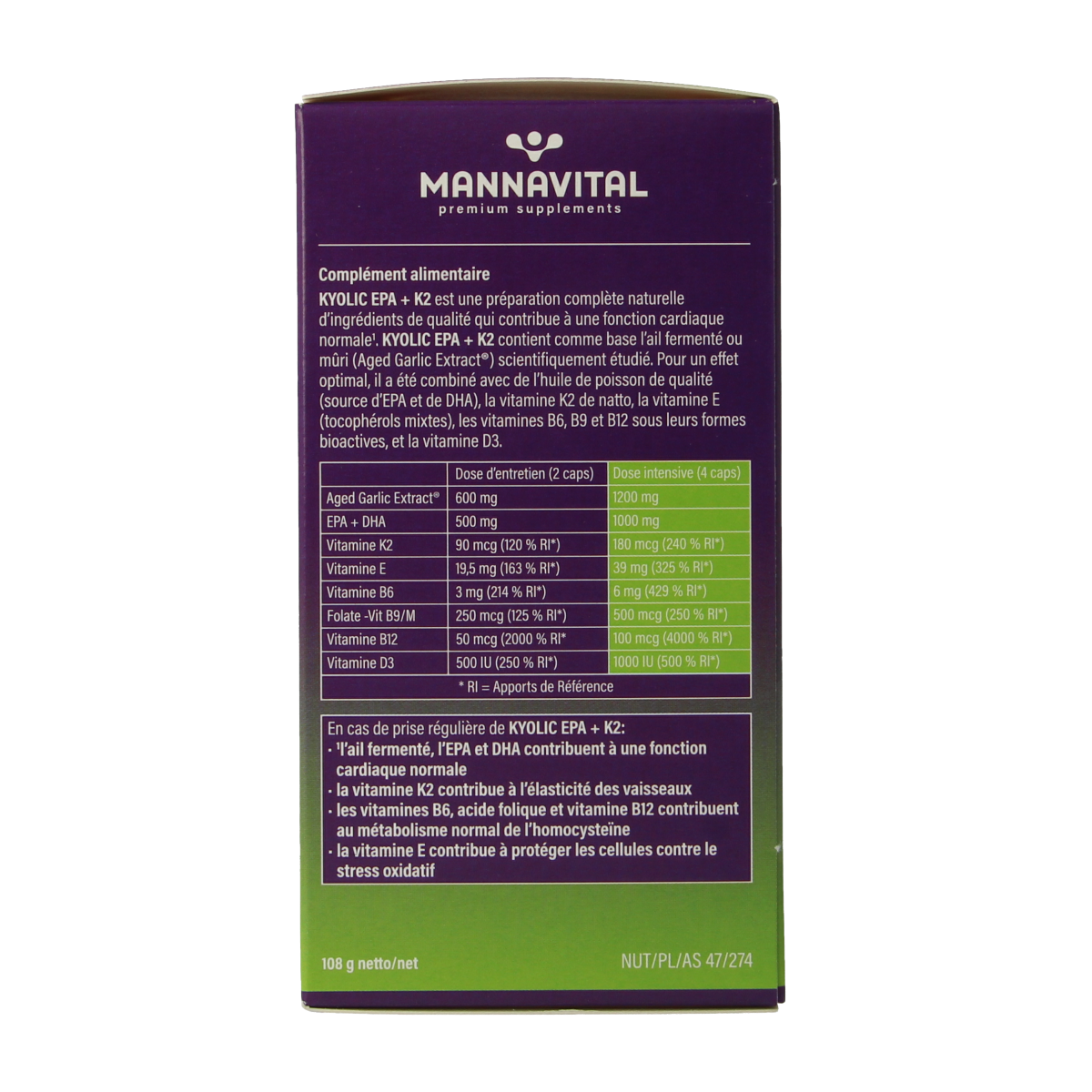 Mannavital Kyolic EPA & K2 Vetzuren capsules in a bottle, showing the supplement label and capsules inside.