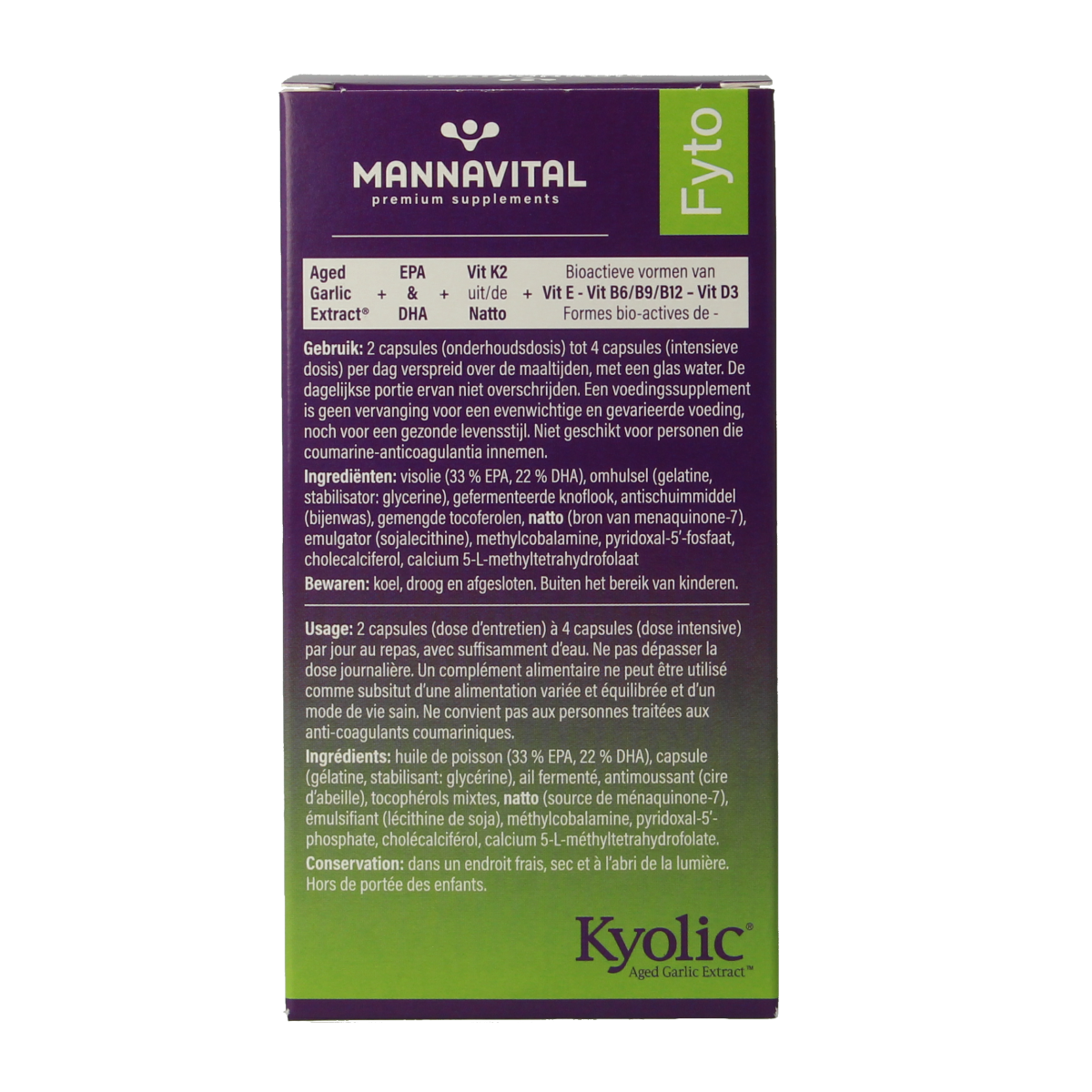 Mannavital Kyolic EPA & K2 Vetzuren capsules in a blister pack, featuring green and white capsule design with product label.