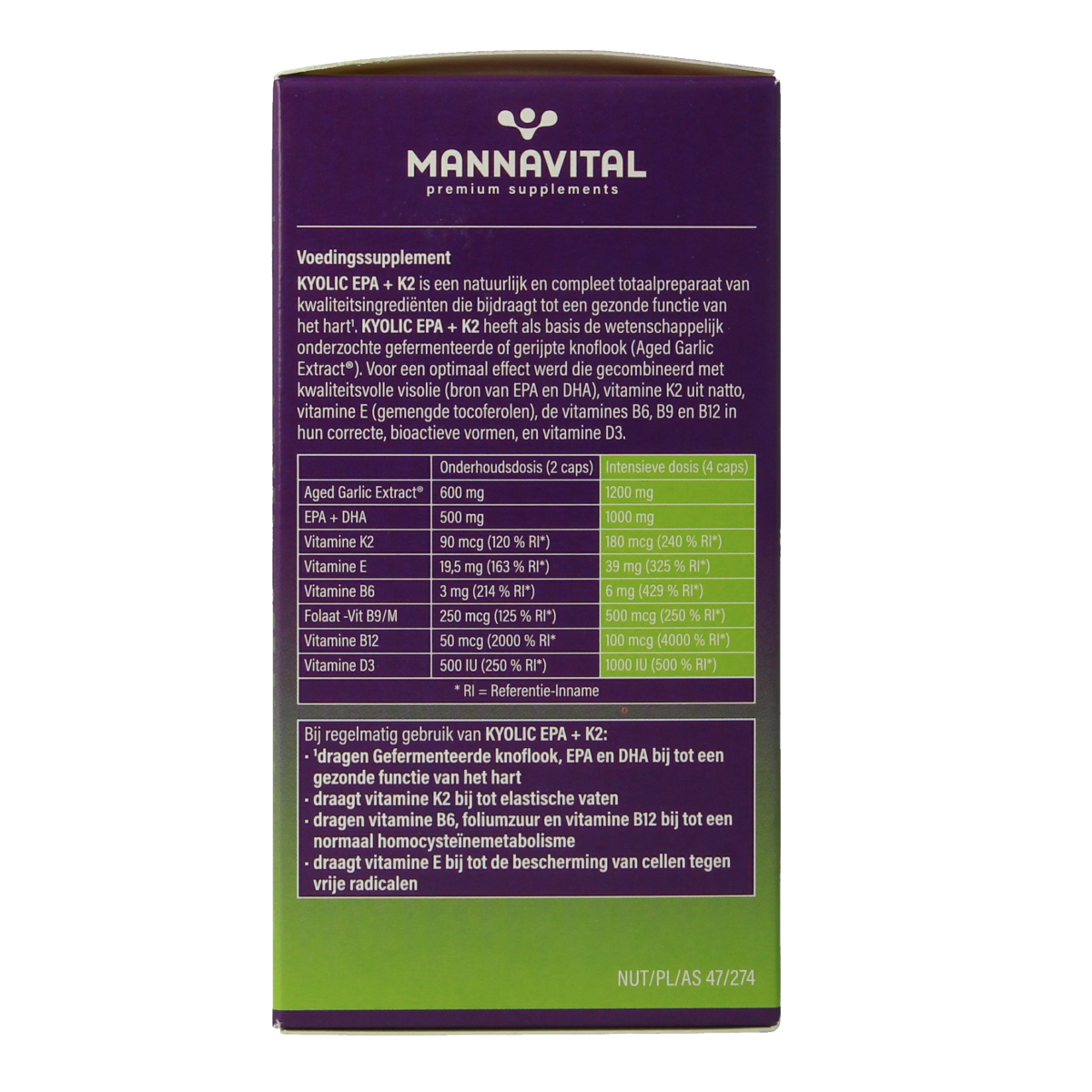 Mannavital Kyolic EPA & K2 Vetzuren capsules, softgel supplement with green and white capsules on a white background.
