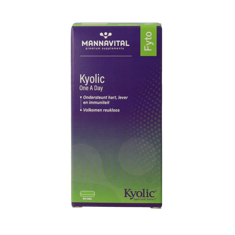 Mannavital Kyolic One A Day herbal supplement tablets in a white bottle, natural health product by Mannavital.