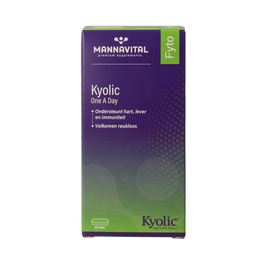 Mannavital Kyolic One A Day herbal supplement tablets in a white bottle, natural health product by Mannavital.