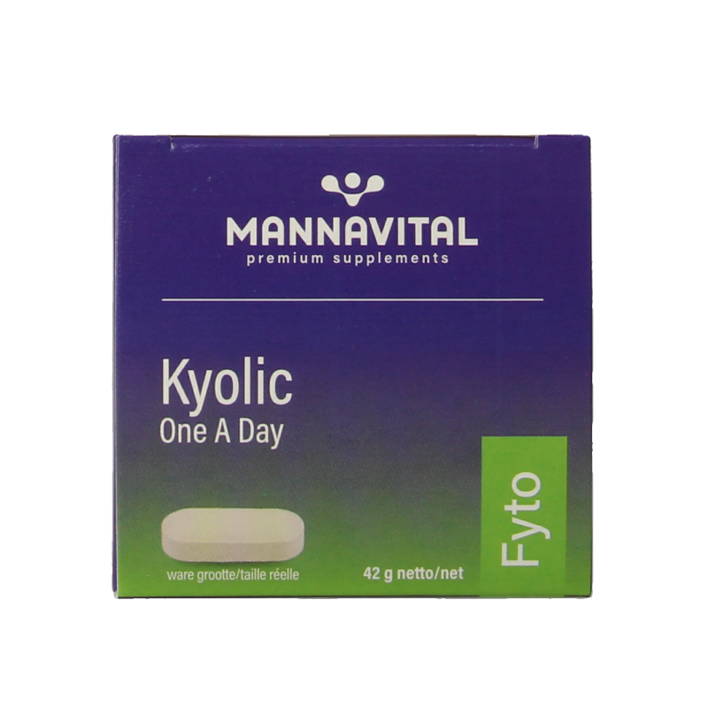Mannavital Kyolic one a day herbal supplement in a bottle of 60 tablets, part of Mannavital's kruidenpreparaten product line.