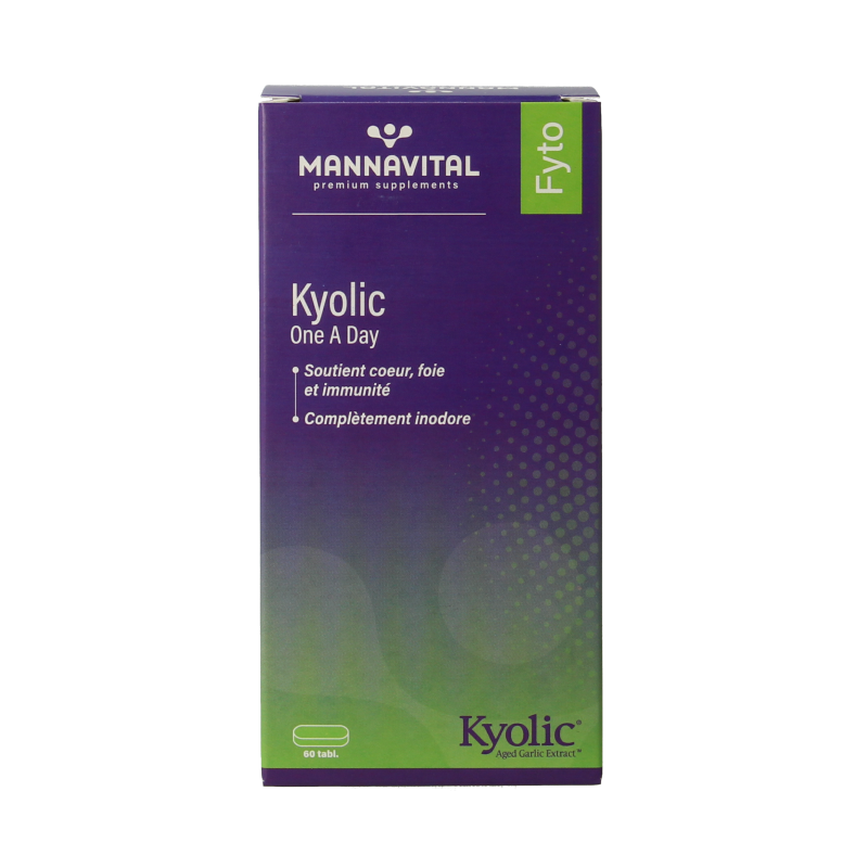 Mannavital Kyolic one-a-day herbal supplement tablets in a white bottle, labeled as Kruidenpreparaten by Mannavital.