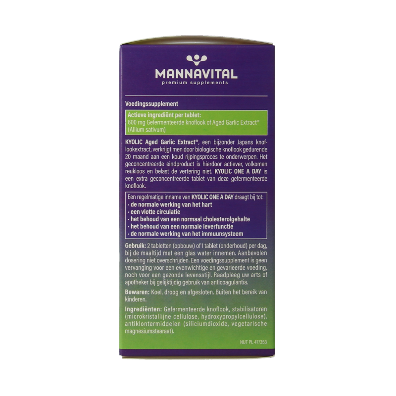 Mannavital Kyolic one a day Kruidenpreparaten in a bottle with 60 tablets, natural supplement for daily wellness.