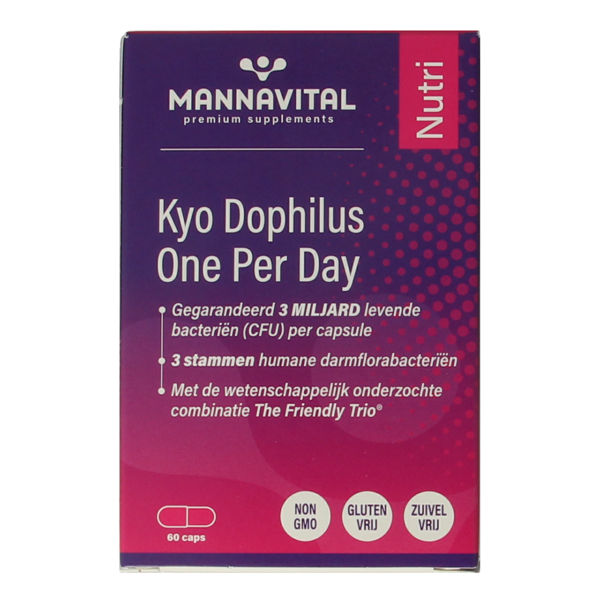 Mannavital Kyo Dophilus probiotic capsules with micro-organisms, showing the supplement bottle and capsules in the image.