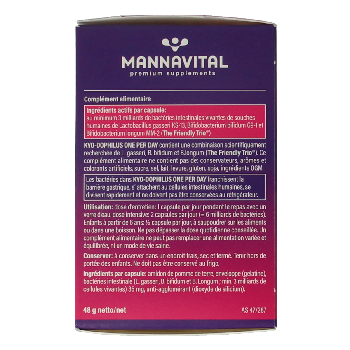Mannavital Kyo Dophilus probiotic capsules with micro-organisms, 60 capsules, supplement for gut health.