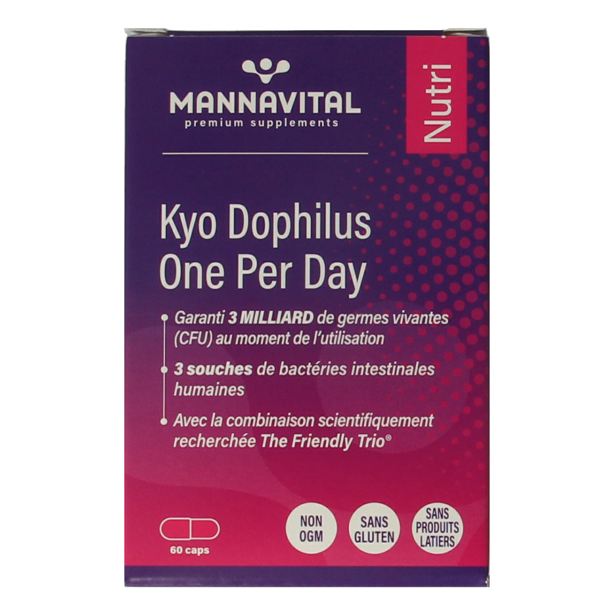 Mannavital Kyo Dophilus probiotic capsules with micro-organisms in a white bottle, labeled with product details.