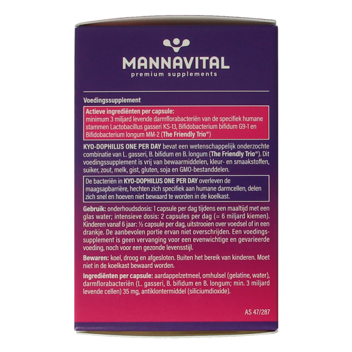 Mannavital Kyo Dophilus probiotic capsules, containing beneficial micro-organisms, displayed in a bottle with capsules visible.