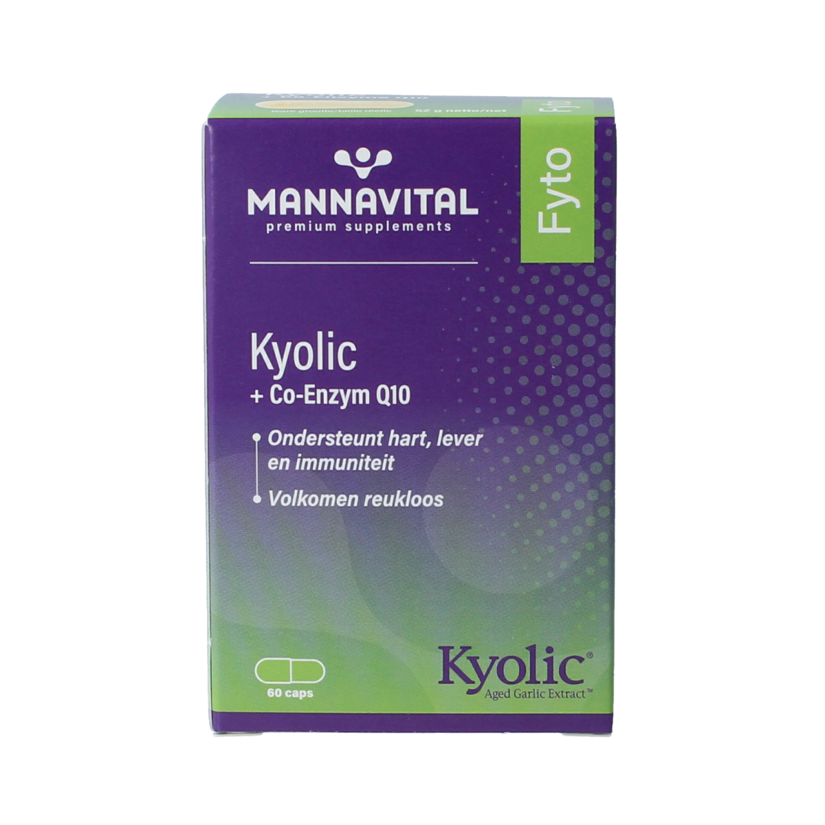 Mannavital Kyolic and co-enzyme Q10 capsules, herbal supplement by Mannavital, in a clear bottle with 60 capsules.