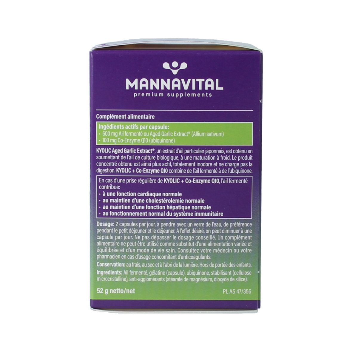 Mannavital Kyolic and co-enzyme Q10 capsules in a bottle, dietary supplement for cardiovascular health, natural herbal formula