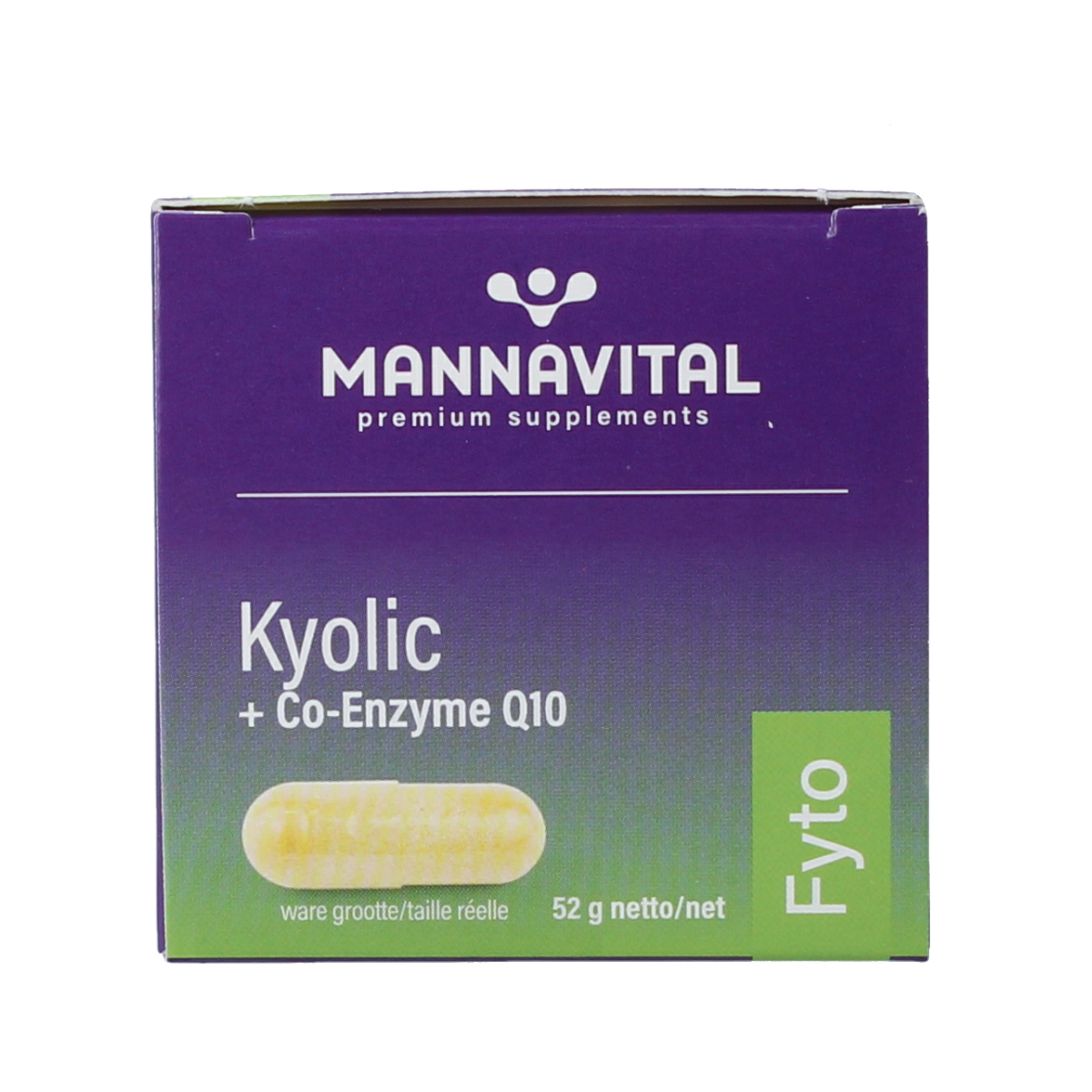 Mannavital Kyolic + Co-enzym Q10 herbal supplement capsules in a bottle, natural herbal product by Mannavital.