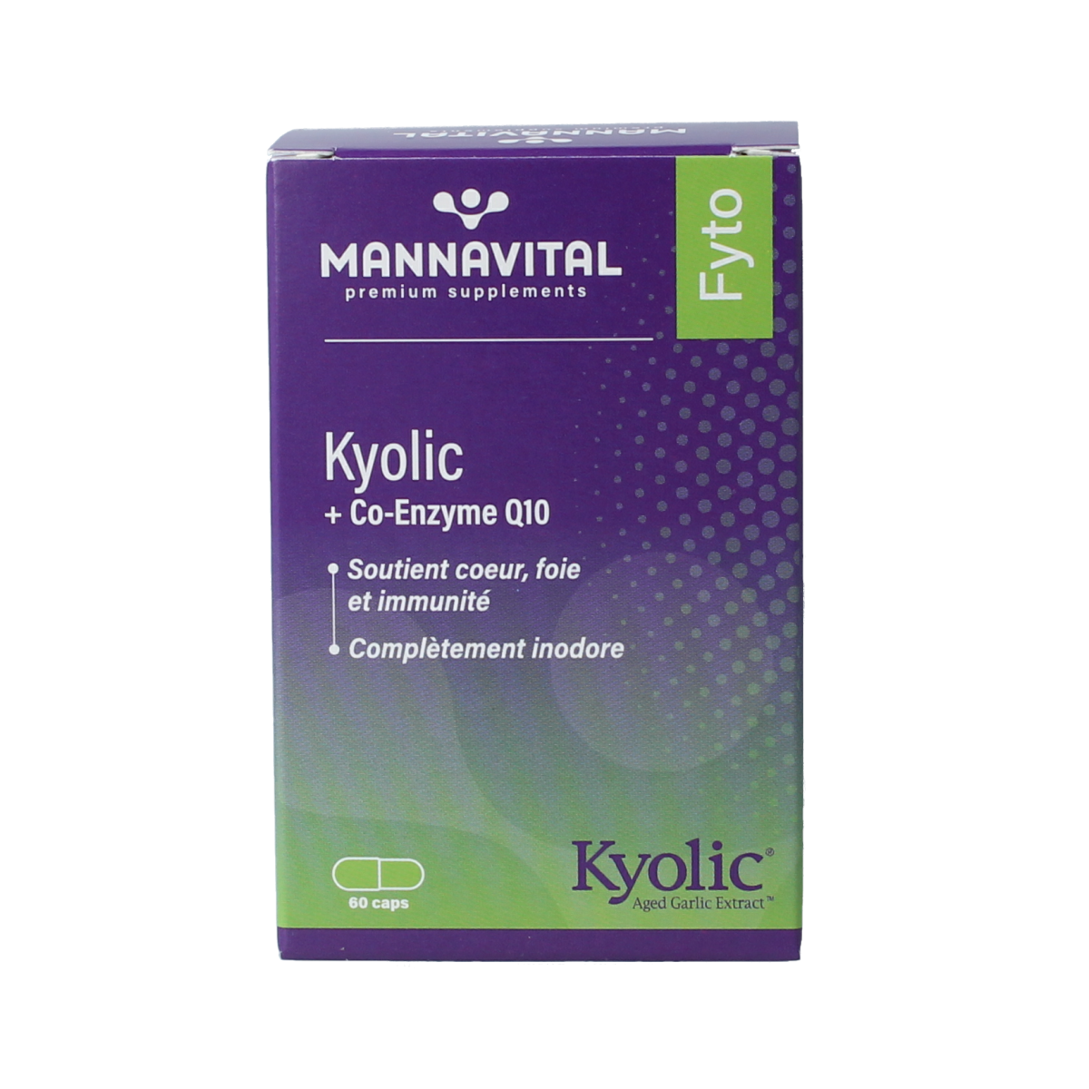 Mannavital Kyolic and Co-enzym Q10 supplement capsules in a bottle, part of Mannavital's herbal supplement range.