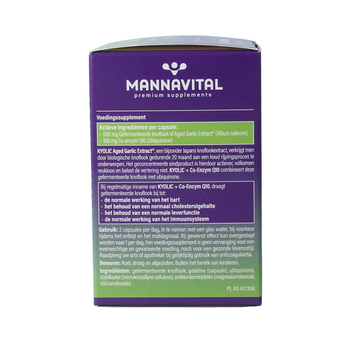 Mannavital Kyolic with Co-enzym Q10 herbal supplement capsules in a bottle, designed for health and wellness.