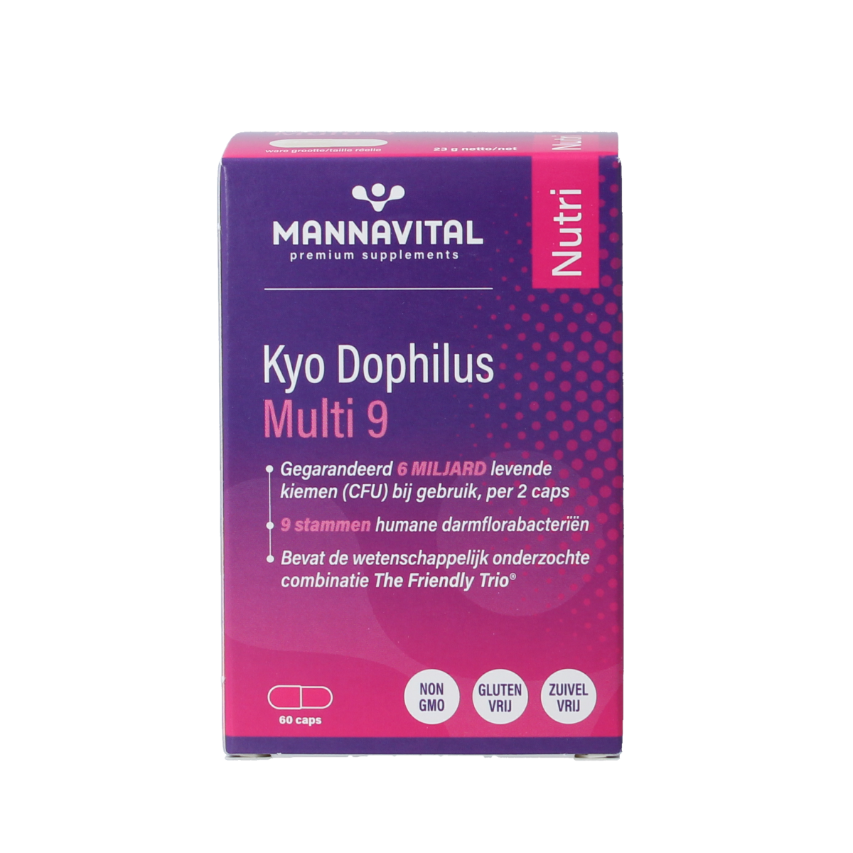 Mannavital Kyo Dophilus Multi 9 probiotic capsules featuring Micro-organismen for digestive health, shown in a bottle.