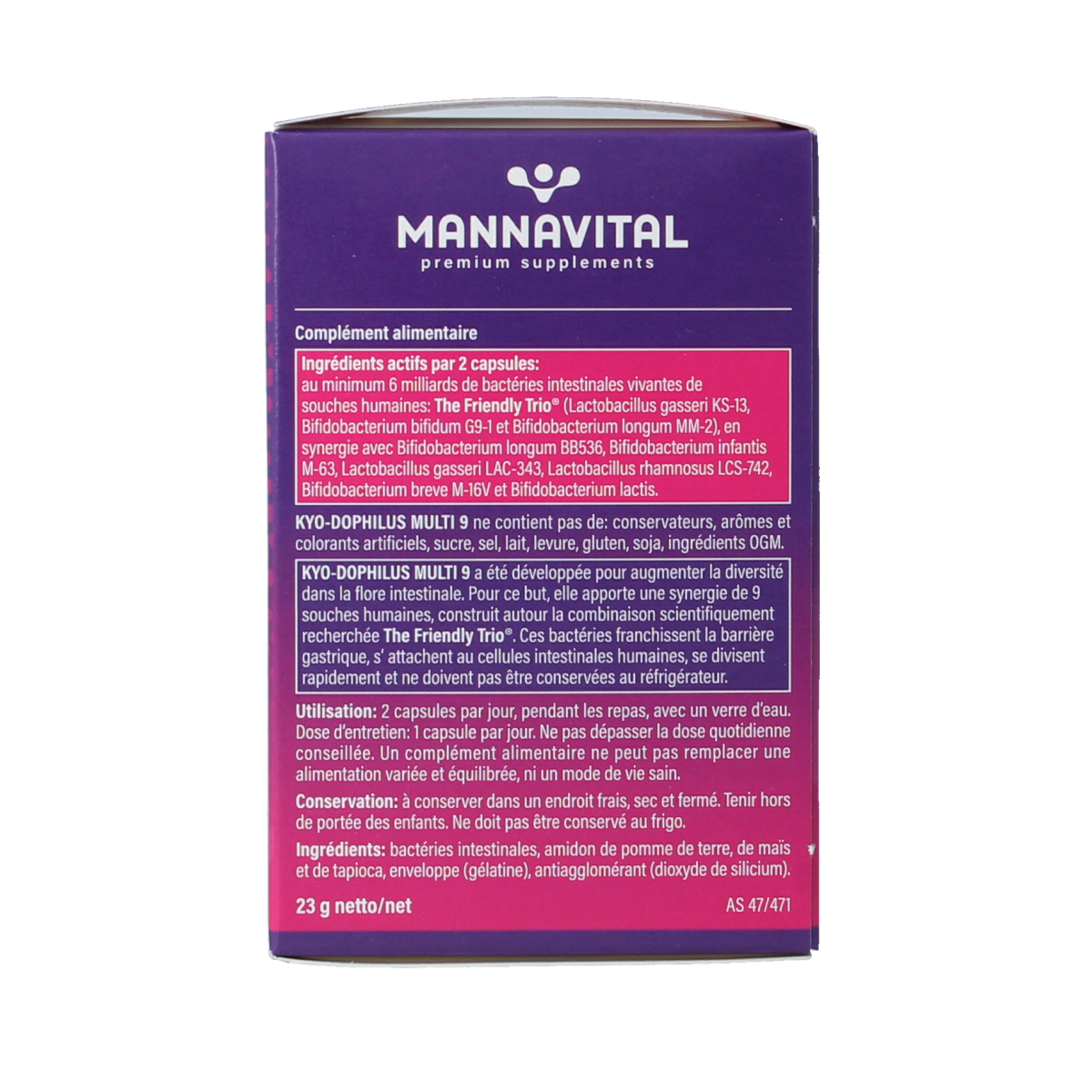 Mannavital Kyo Dophilus Multi 9 probiotic capsules containing micro-organisms for digestive health, displayed in blister pack.