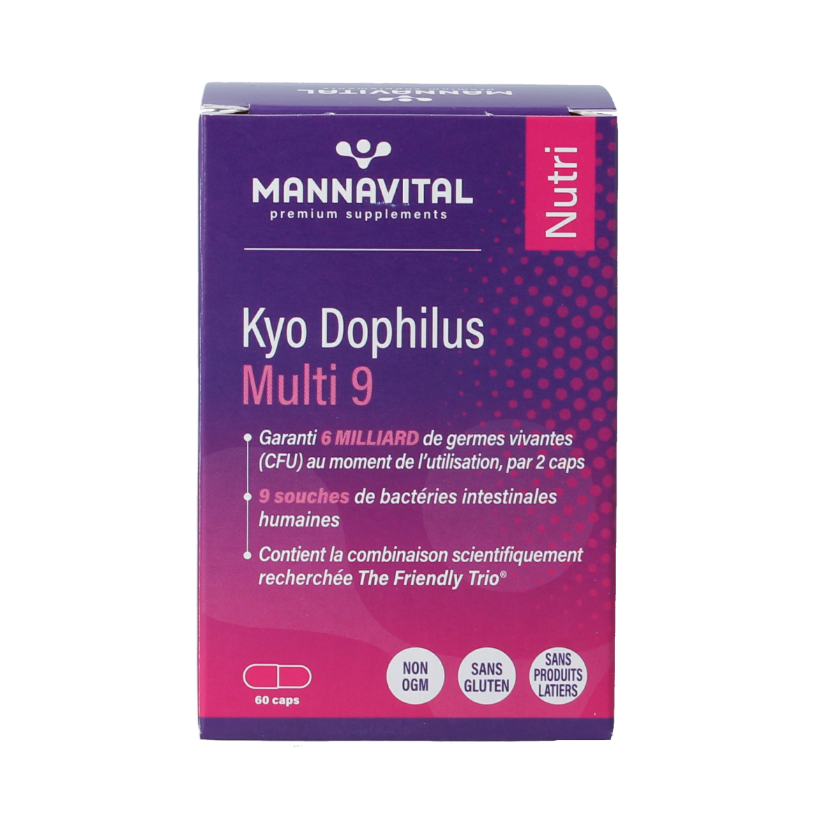 Mannavital Kyo Dophilus Multi 9 capsules with micro-organisms in a blister pack, supporting gut health and digestive balance.