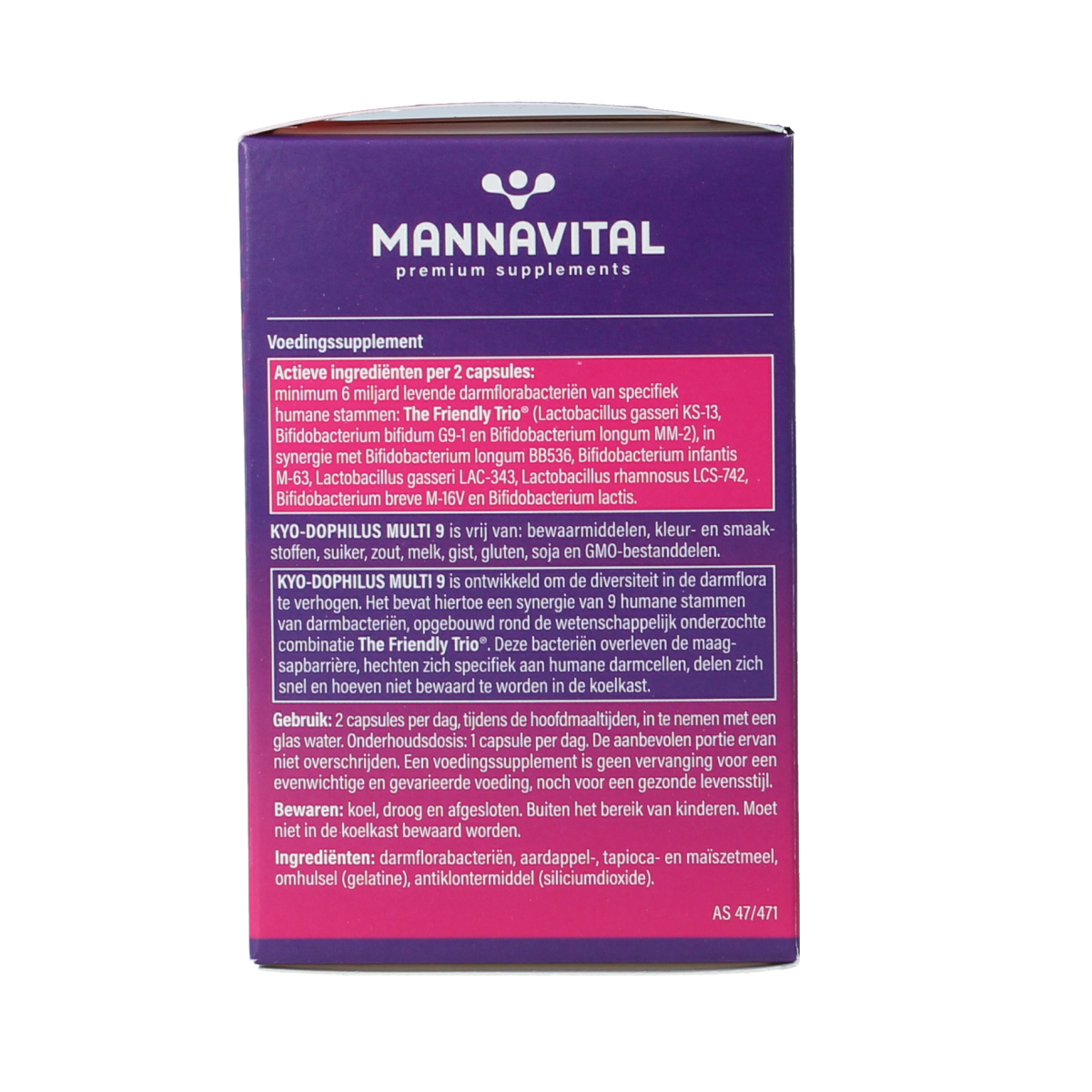 Mannavital Kyo Dophilus Multi 9 probiotic capsules showing the bottle and capsules inside, containing beneficial micro-organisms.