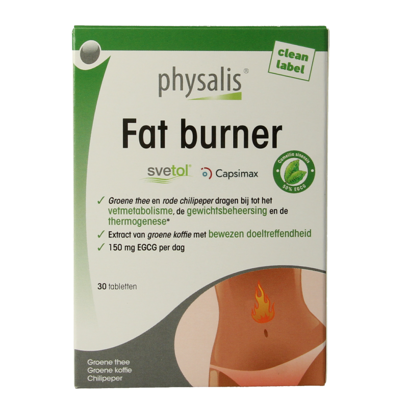 Physalis Fatburner 30-tablet bottle with supplement tablets and herbal ingredients in a clear container.