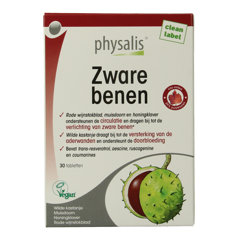 Physalis Zware benen 30 tabletten, herbal supplement for strong bones, in a white bottle with label.