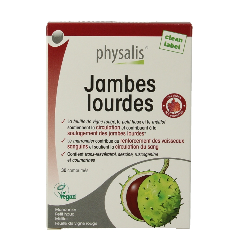 Physalis Zware benen 30 tabletten, herbal supplement packaging with tablets visible, for supporting healthy bones and joints.