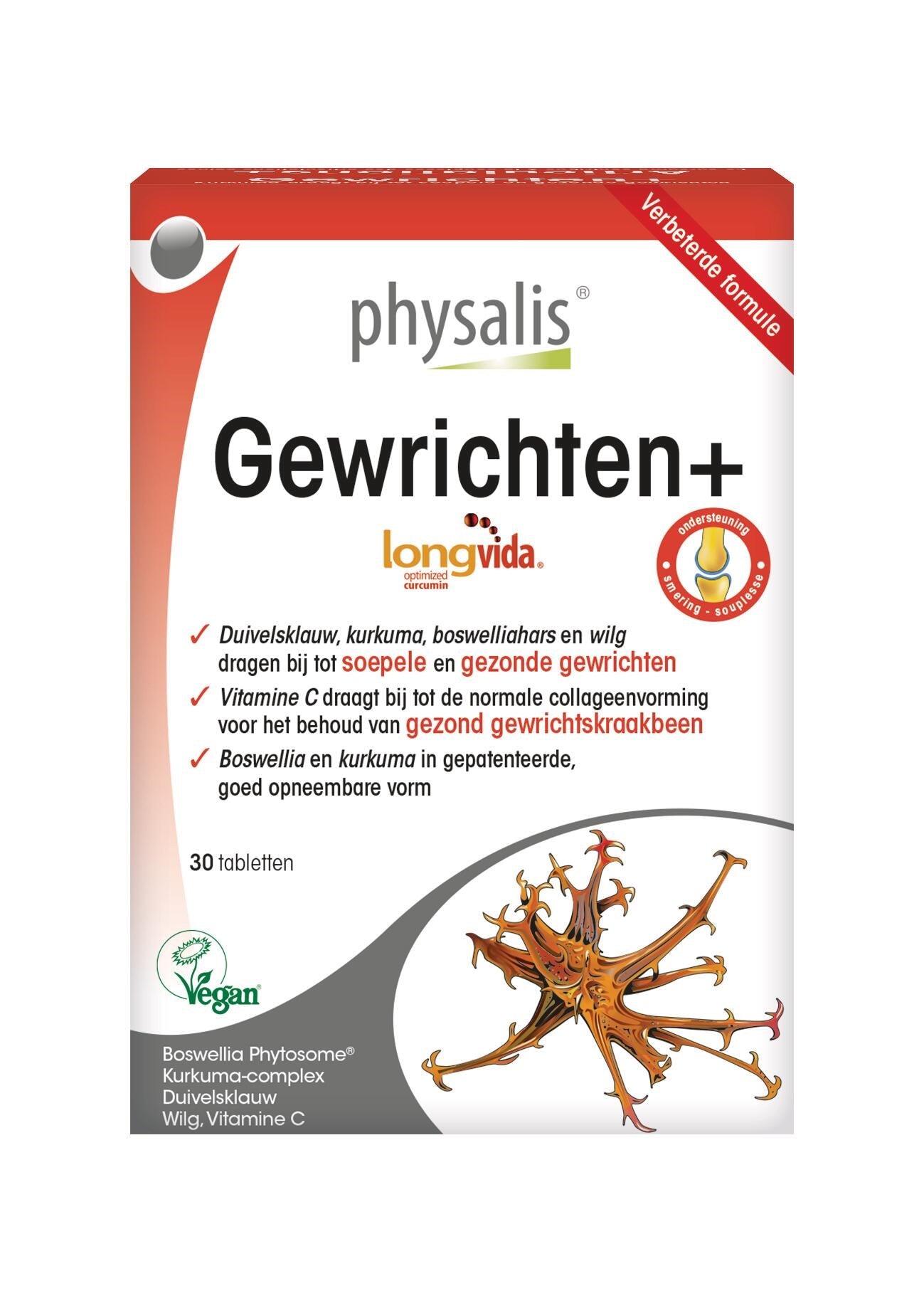 Physalis Kruidenpreparaten Gewrichten 30 tabletten bottle with label showing tablets inside