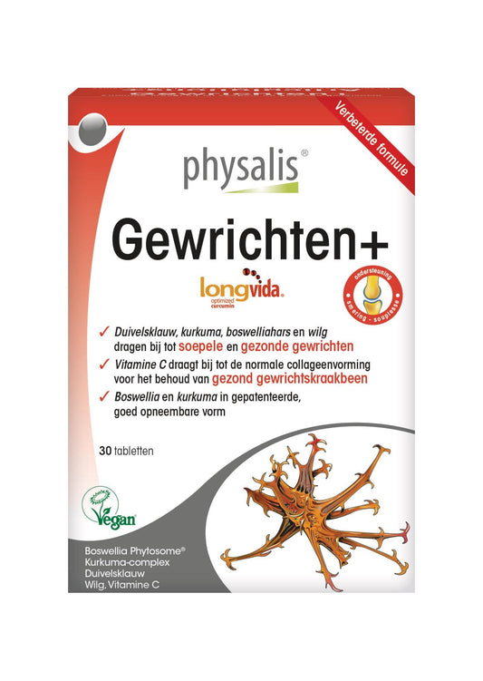 Physalis Kruidenpreparaten Gewrichten 30 tabletten bottle with label showing tablets inside