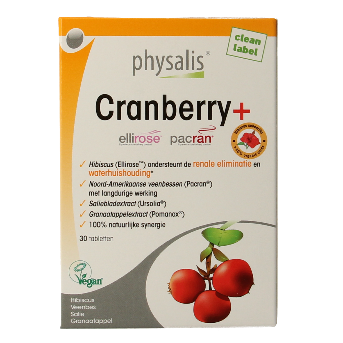 Physalis Cranberry herbal supplement tablets in a bottle, part of Physalis kruidenpreparaten collection, with label showing cranberry imagery.