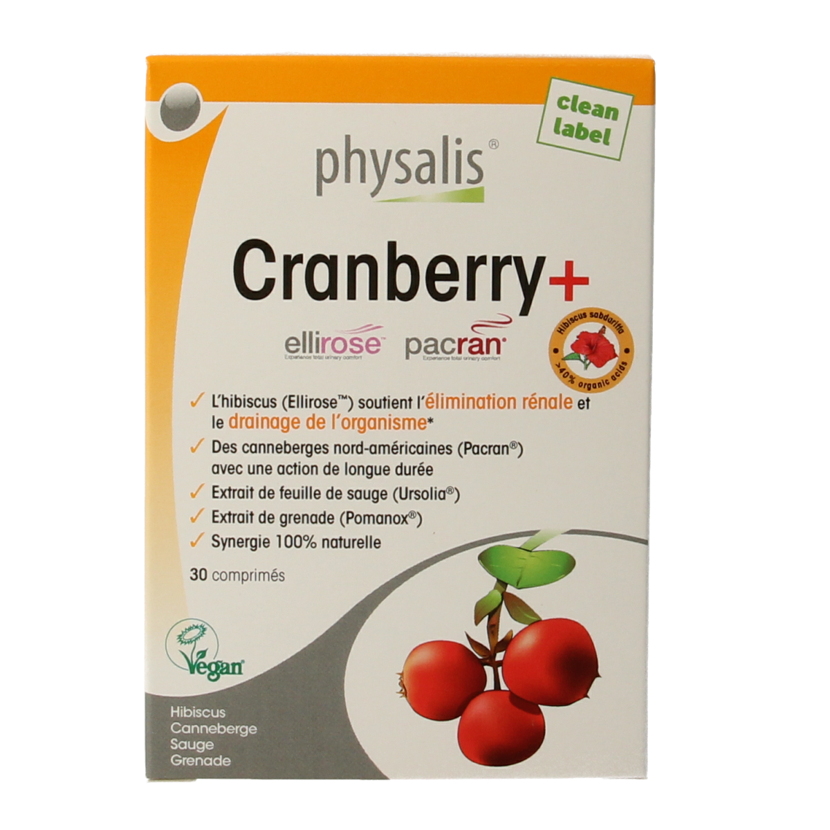 Physalis Cranberry herbal supplement tablets, natural kruidenpreparaten with 30 tablets in a clear blister pack.