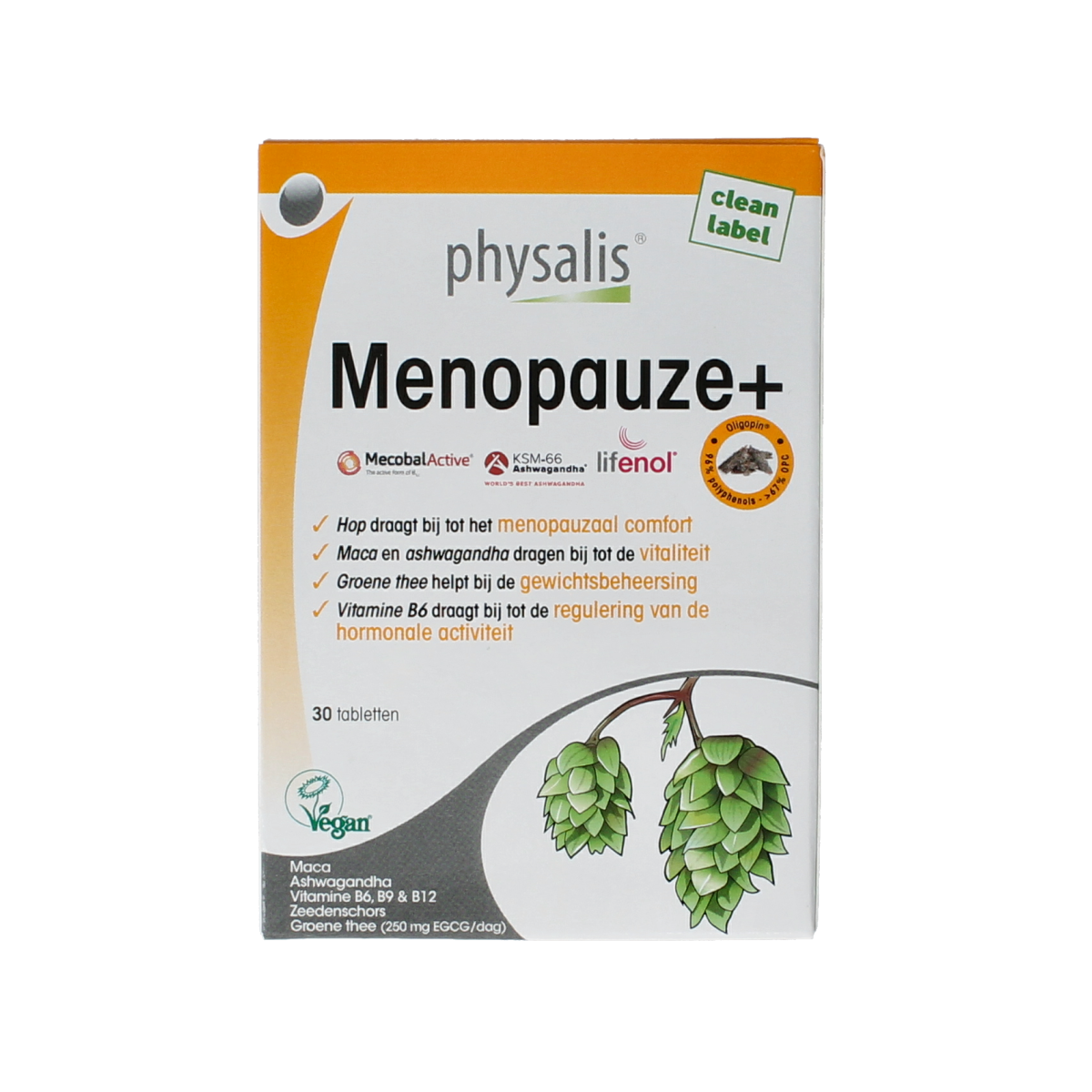 Physalis Menopauze+ herbal supplement box with 30 tablets, natural remedy for menopause symptoms by Physalis.