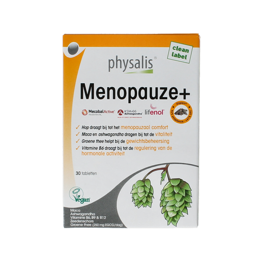 Physalis Menopauze+ herbal supplement box with 30 tablets, natural remedy for menopause symptoms by Physalis.