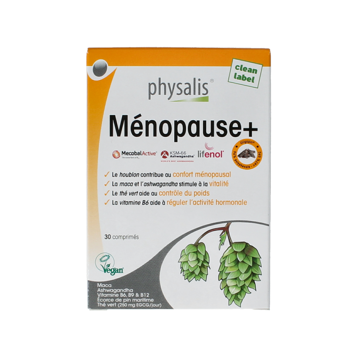 Physalis Menopauze+ herbal supplement box with 30 tablets, designed to support women during menopause.