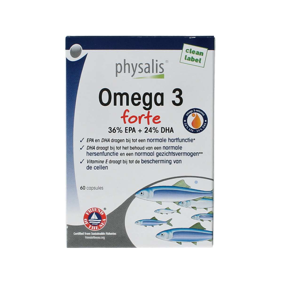 Physalis Omega 3 Forte Vetzuren capsules, 60-count softgel supplement with fish oil for heart health and overall wellness.