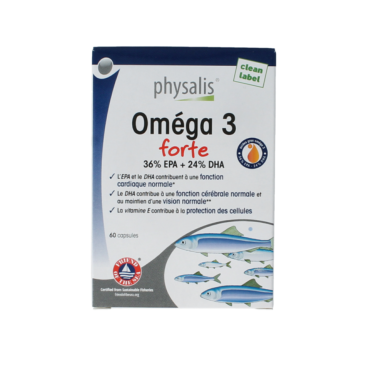 Physalis Omega 3 Forte Vetzuren capsules in a bottle, showing 60 softgel capsules for healthy heart and brain support.