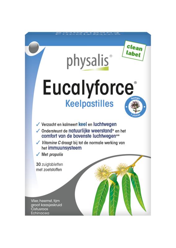 Physalis Eucalyforce keelpastille box with 30 tablets, herbal throat lozenges by Physalis, featuring eucalyptus flavor and natural ingredients.
