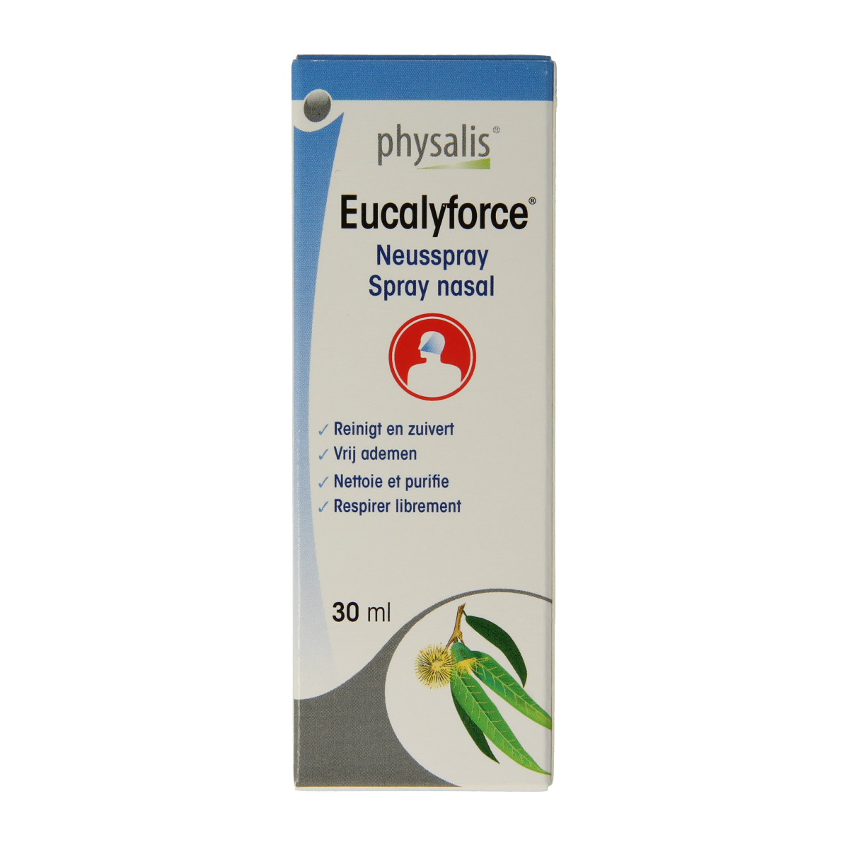 Physalis Eucalyforce nasal spray 30ml for nasal care and inhalation, featuring eucalyptus scent and soothing relief.