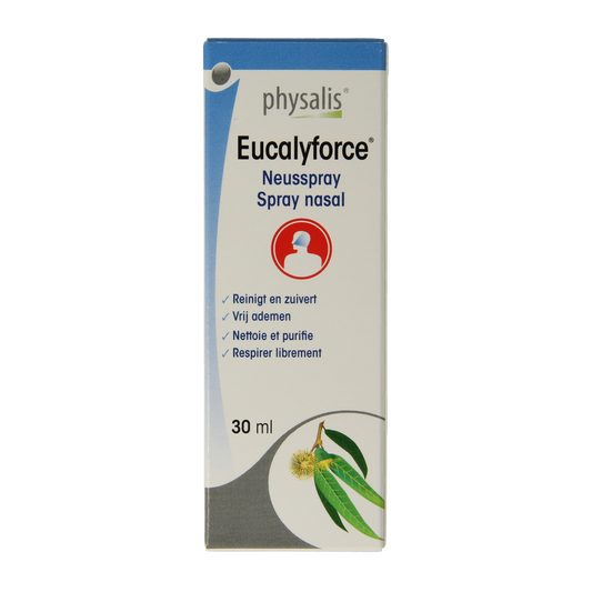 Physalis Eucalyforce nasal spray 30ml for nasal care and inhalation, featuring eucalyptus scent and soothing relief.