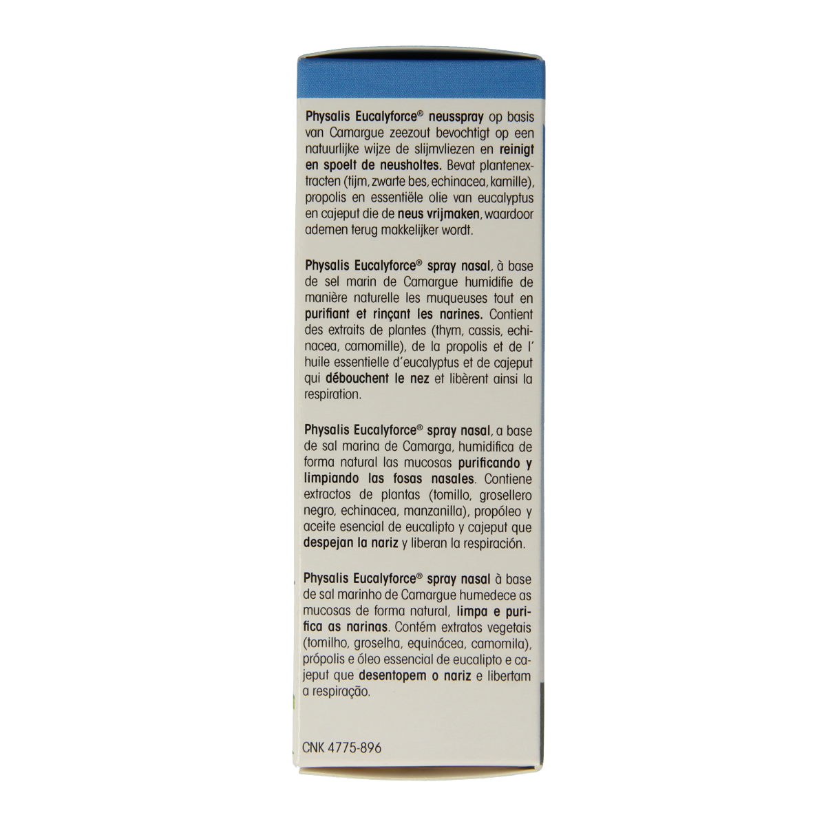 Physalis Eucalyforce nasal spray bottle, 30ml, for nasal care and inhalation, with eucalyptus scent and soothing features.