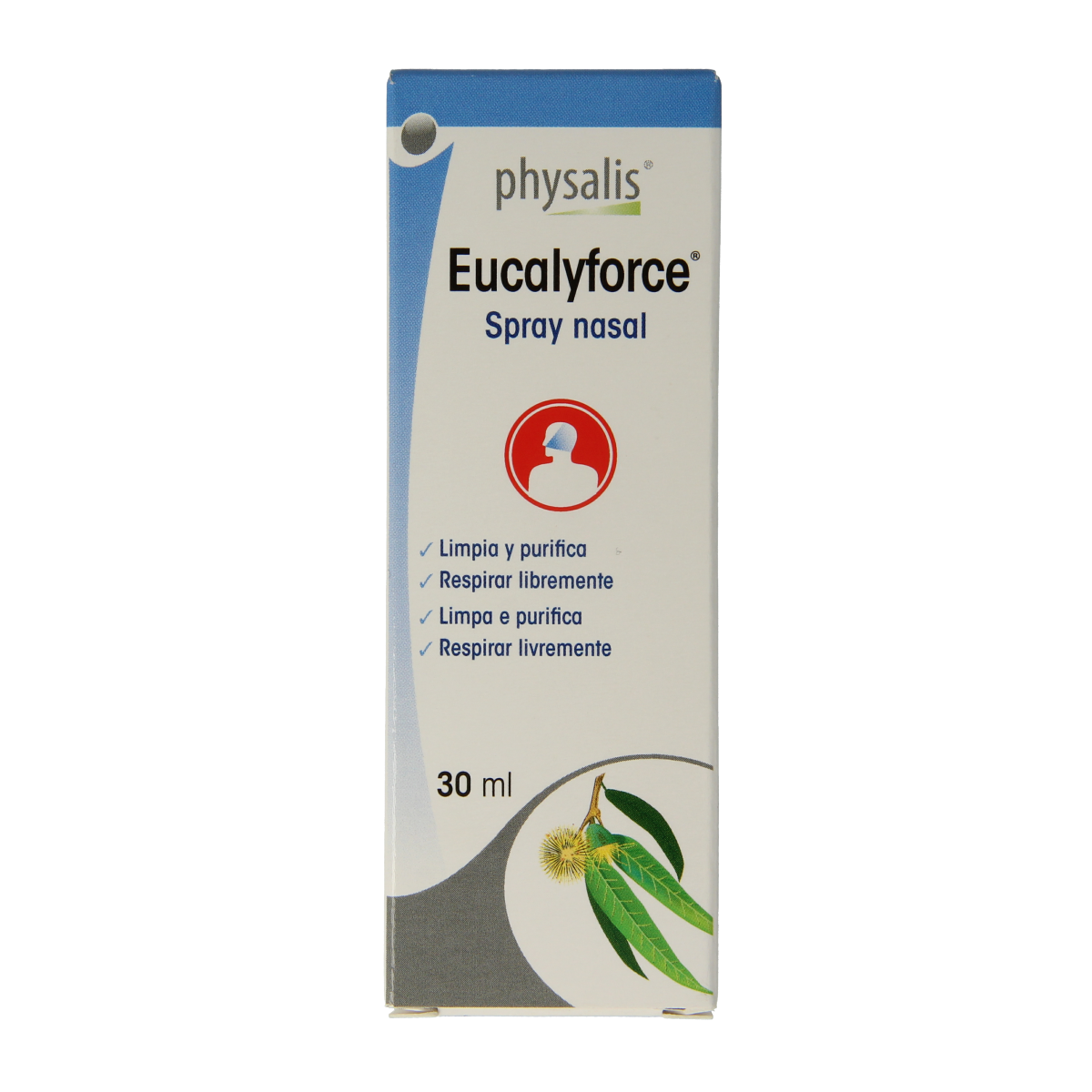 Physalis Eucalyforce nasal spray bottle showing 30ml size, designed for nasal care and inhalation with eucalyptus scent.