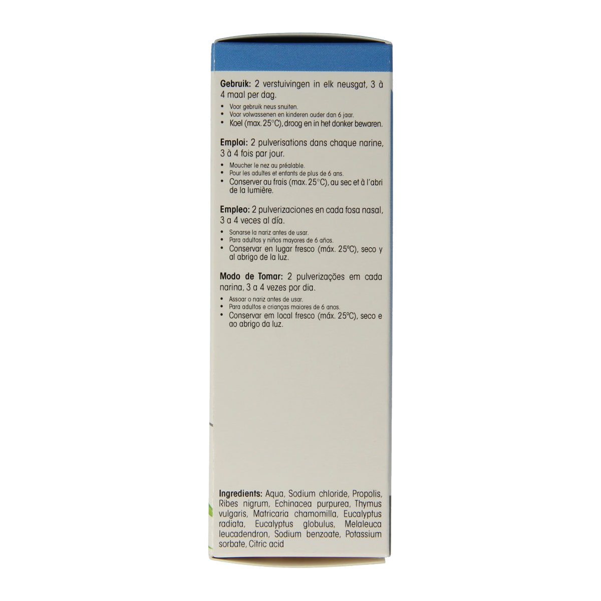 Physalis Eucalyforce nasal spray bottle for nasal care and inhalation, 30ml, with eucalyptus flavor and soothing design.