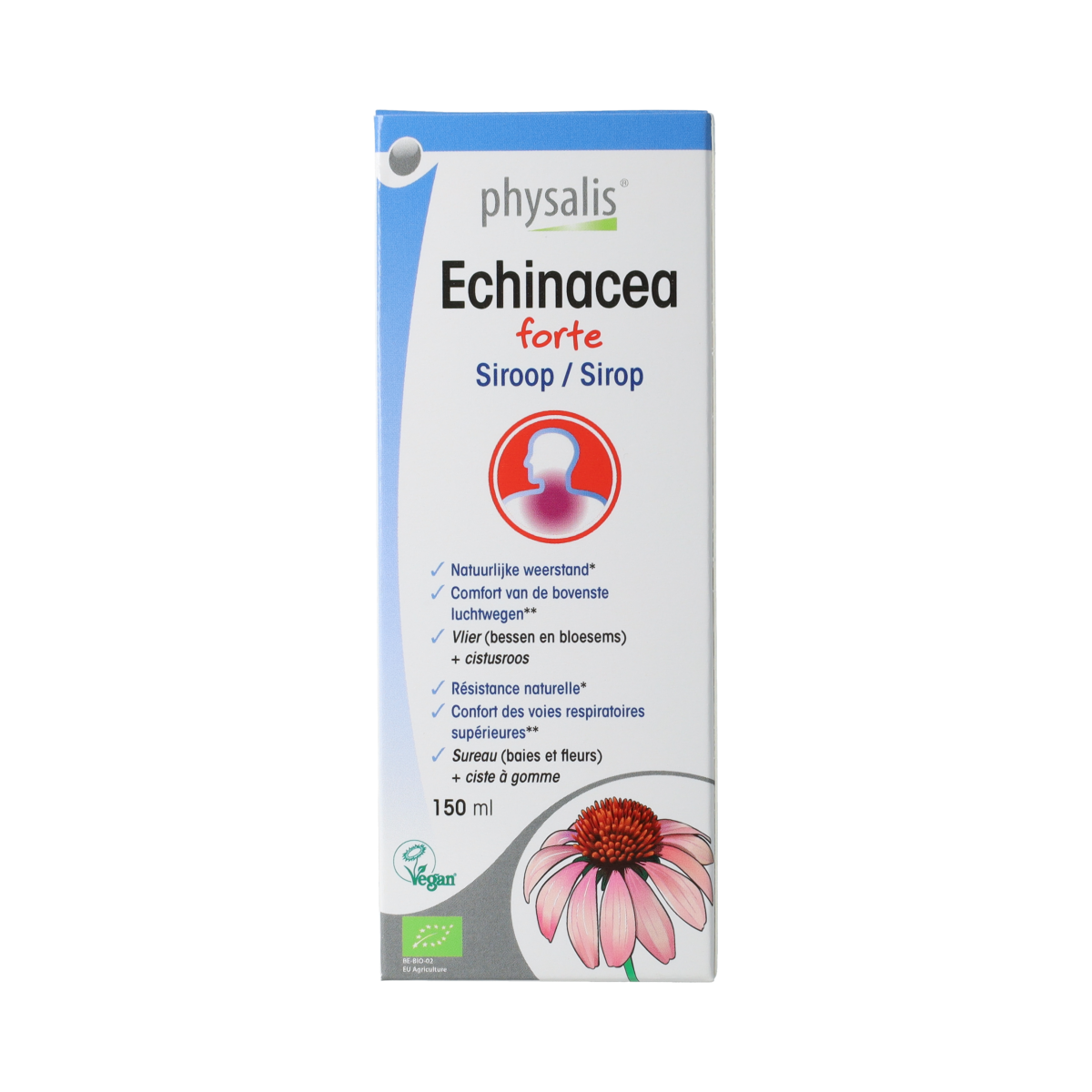 Physalis Echinacea forte bio syrup bottle, herbal supplement in 150ml container, natural herbal preparation by Physalis.