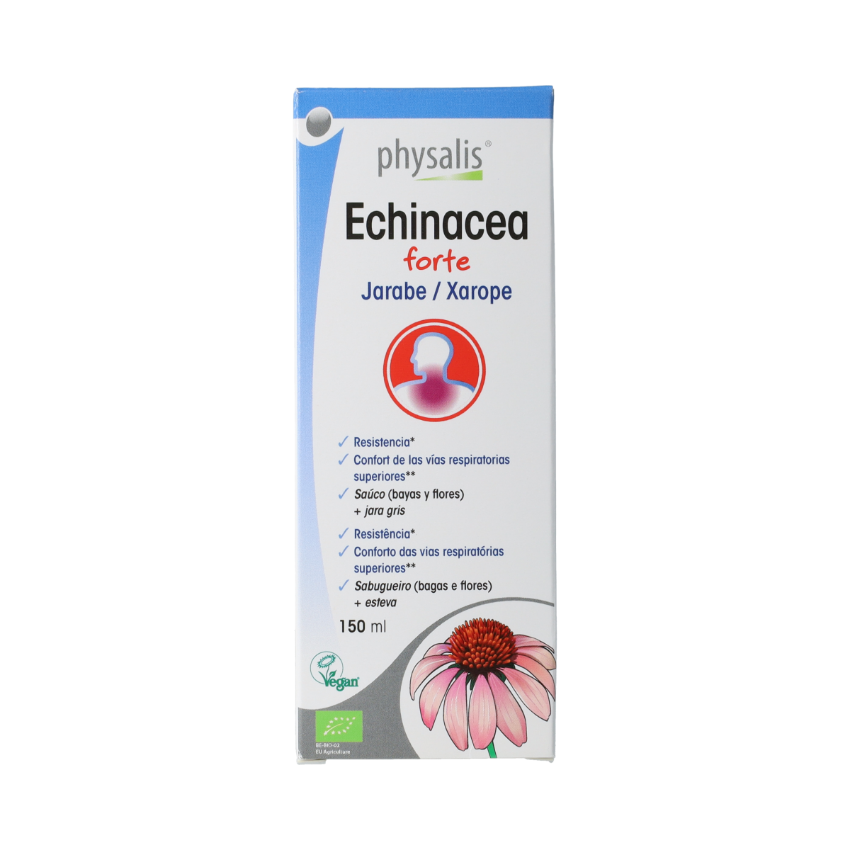 Physalis Echinacea forte bio herbal syrup in 150ml bottle, showing the label and packaging of the Physalis herbal preparation.