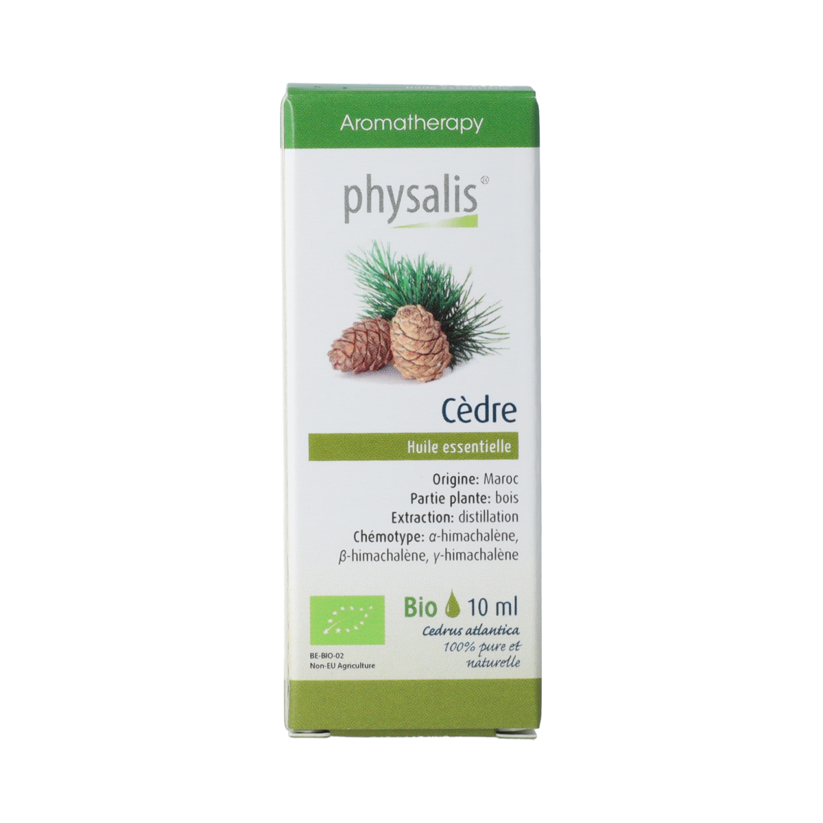 Physalis bio Physalis cedar essential oil bottle, 10ml, with amber glass and label displaying product details.