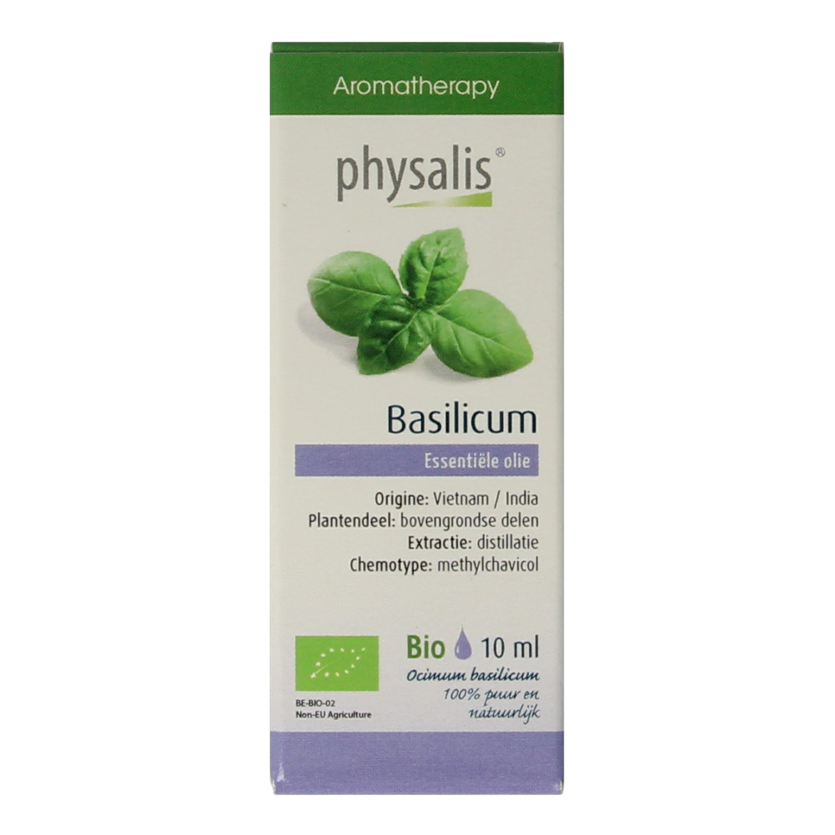 Physalis Bio Basilicum essential oil in a 10ml amber bottle, with dropper cap, showcasing the Physalis brand and product label.