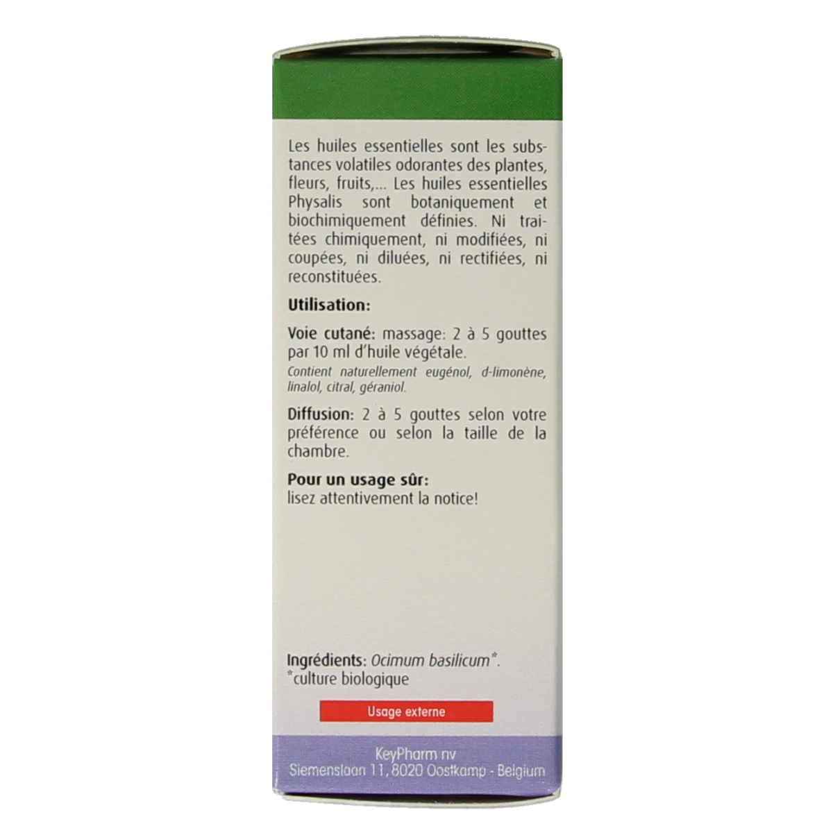 Physalis Basilicum organic essential oil in a 10ml bottle, showcasing the Physalis brand and clear labeling on the product.