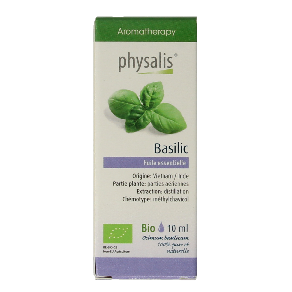 Physalis Basilicum organic essential oil in 10ml bottle, clear glass container with dropper, labeled with green and white branding.