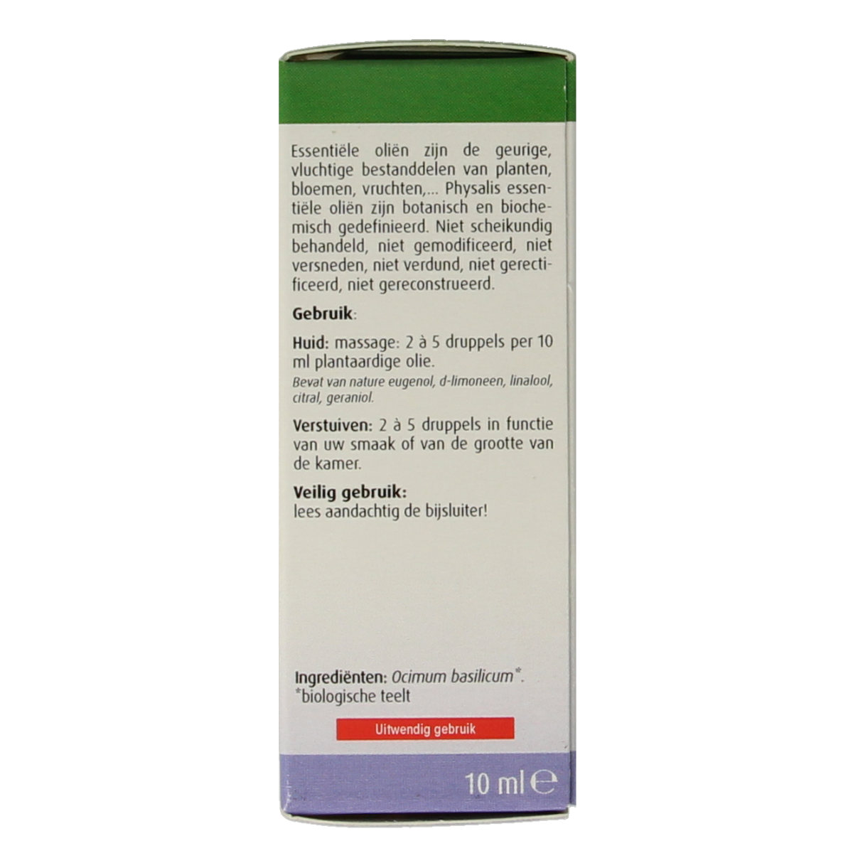Physalis Basilicum organic essential oil in a 10ml bottle, highlighting the green basil leaves and amber glass container.