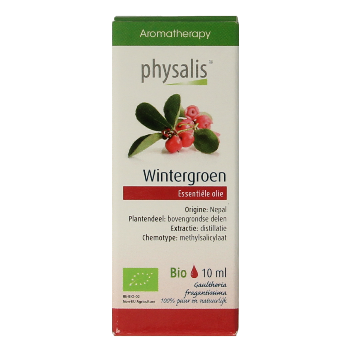 Physalis Wintergreen bio essential oil in 10ml bottle, natural etherische olie with green wintergreen aroma and botanical label.