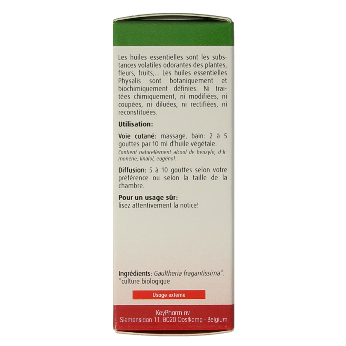 Physalis Wintergreen bio essential oil in 10ml bottle, natural etherische oliën with green label and dropper cap.