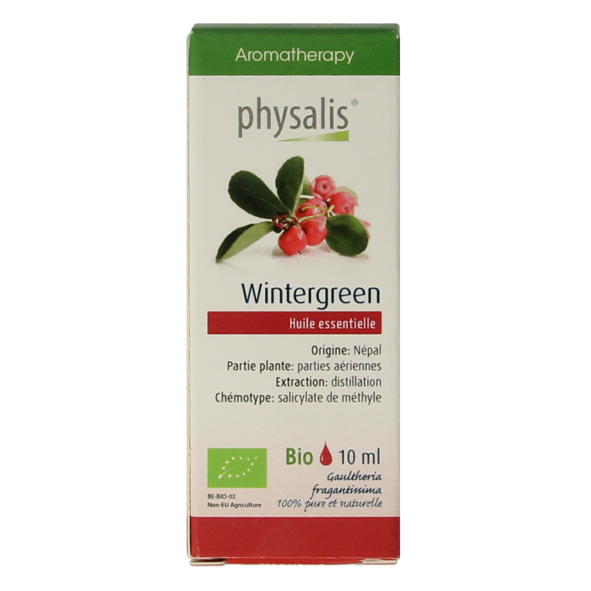 Physalis Wintergreen bio essential oil in 10ml bottle, natural etherische olie with green wintergreen leaves on label